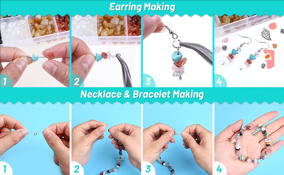 Collage showing steps for earring and necklace/bracelet making with colorful beads and jewelry findings.