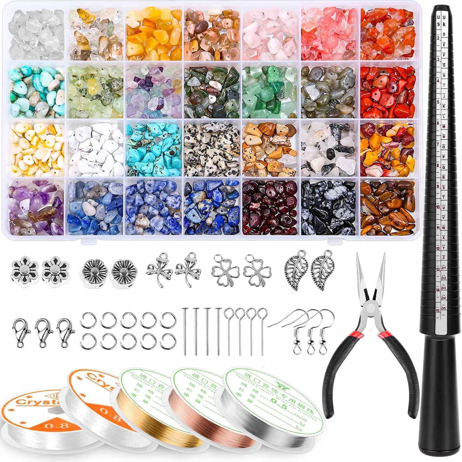 Jewelry making kit with 28 compartments of colorful beads, charms, earring hooks, pliers, ring sizer, and spools of wire.