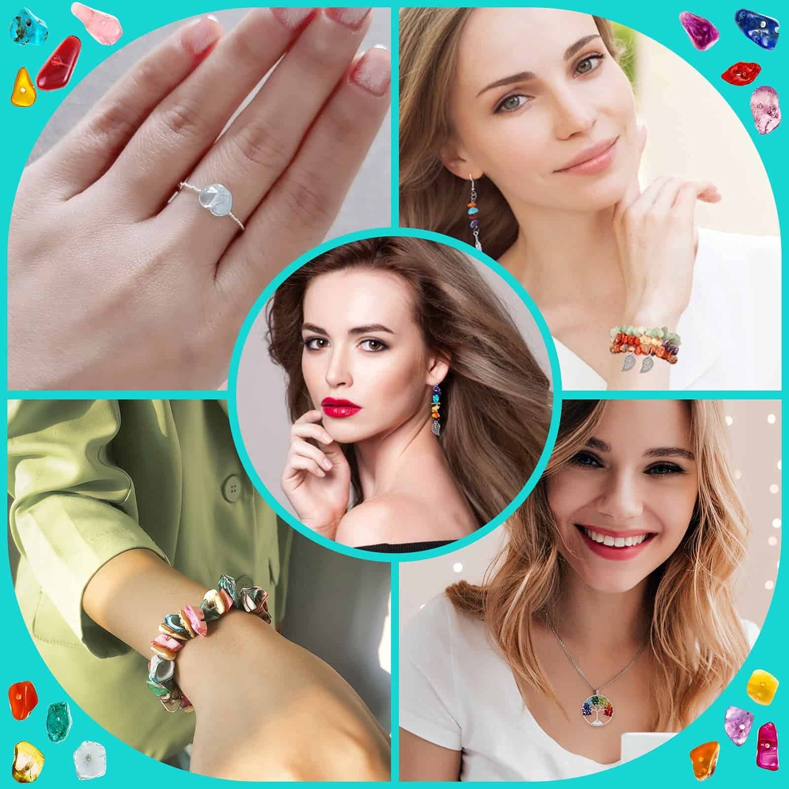 Collage of women modeling jewelry made from colorful crystal beads, including rings, earrings, and bracelets.