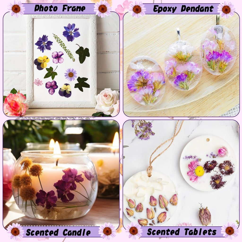 Collage of four DIY craft ideas using dried flowers: framed art, epoxy pendants, scented candles, and scented tablets.