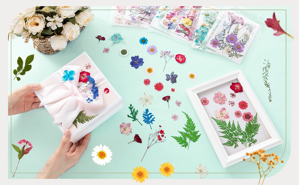 Hands arranging a gift box with dried flowers and leaves, surrounded by scattered dried flowers and a display frame.