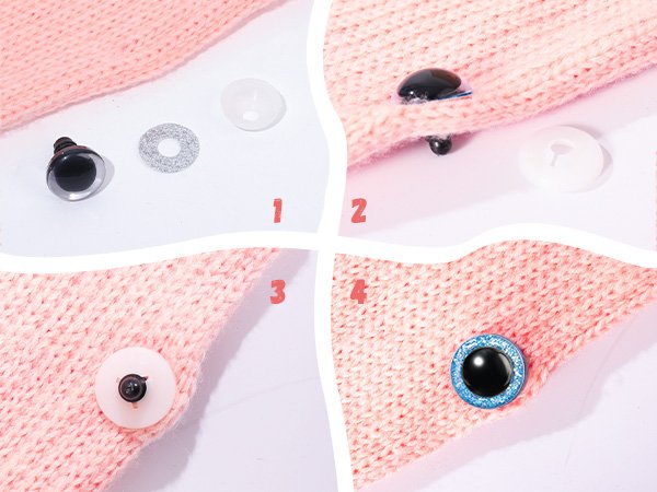 Four-panel image showing how to attach safety eyes to knitted fabric. Includes eyes, washers, and backing discs.