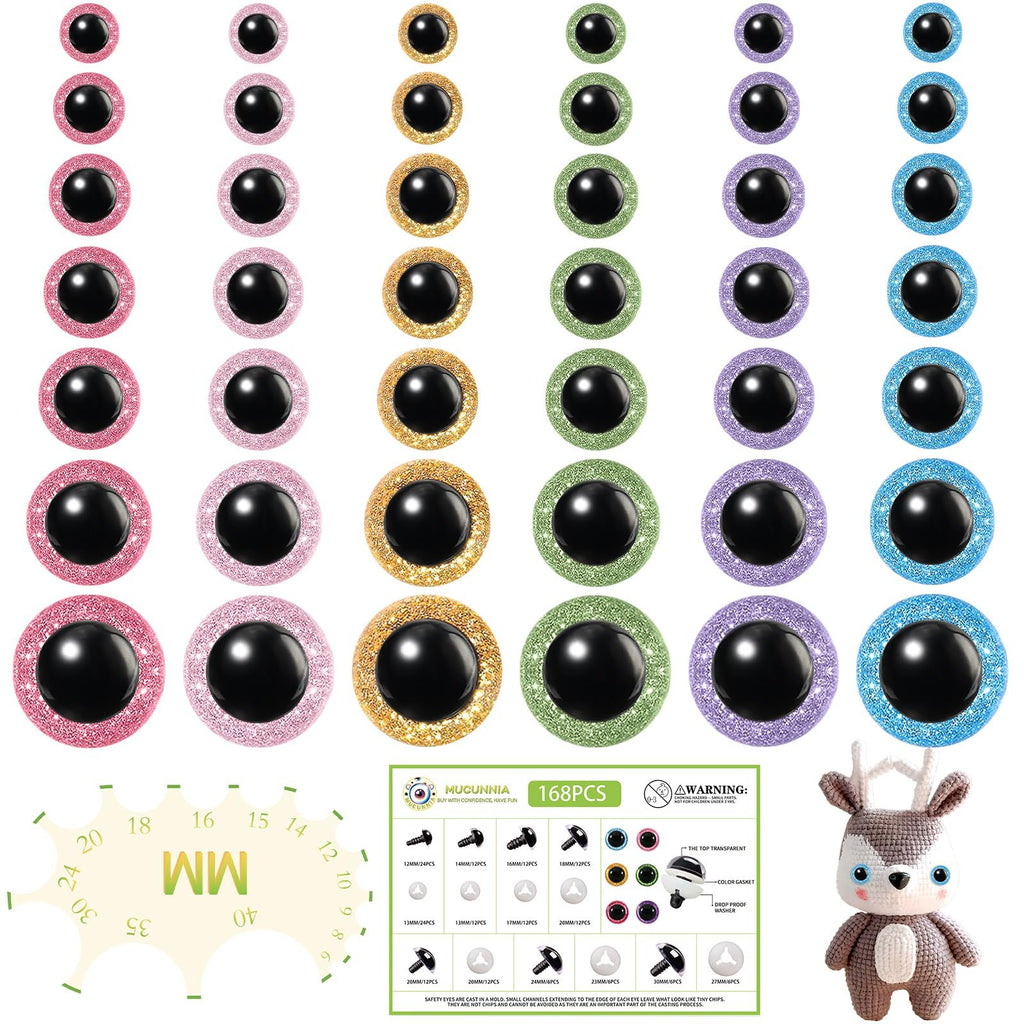 Assortment of glitter safety eyes in various sizes and colors, with a size chart and a crochet deer toy.