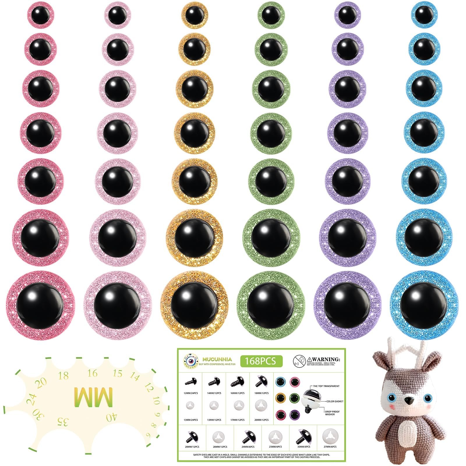 Assortment of glitter safety eyes in various sizes and colors, with a size chart and a crochet deer toy.