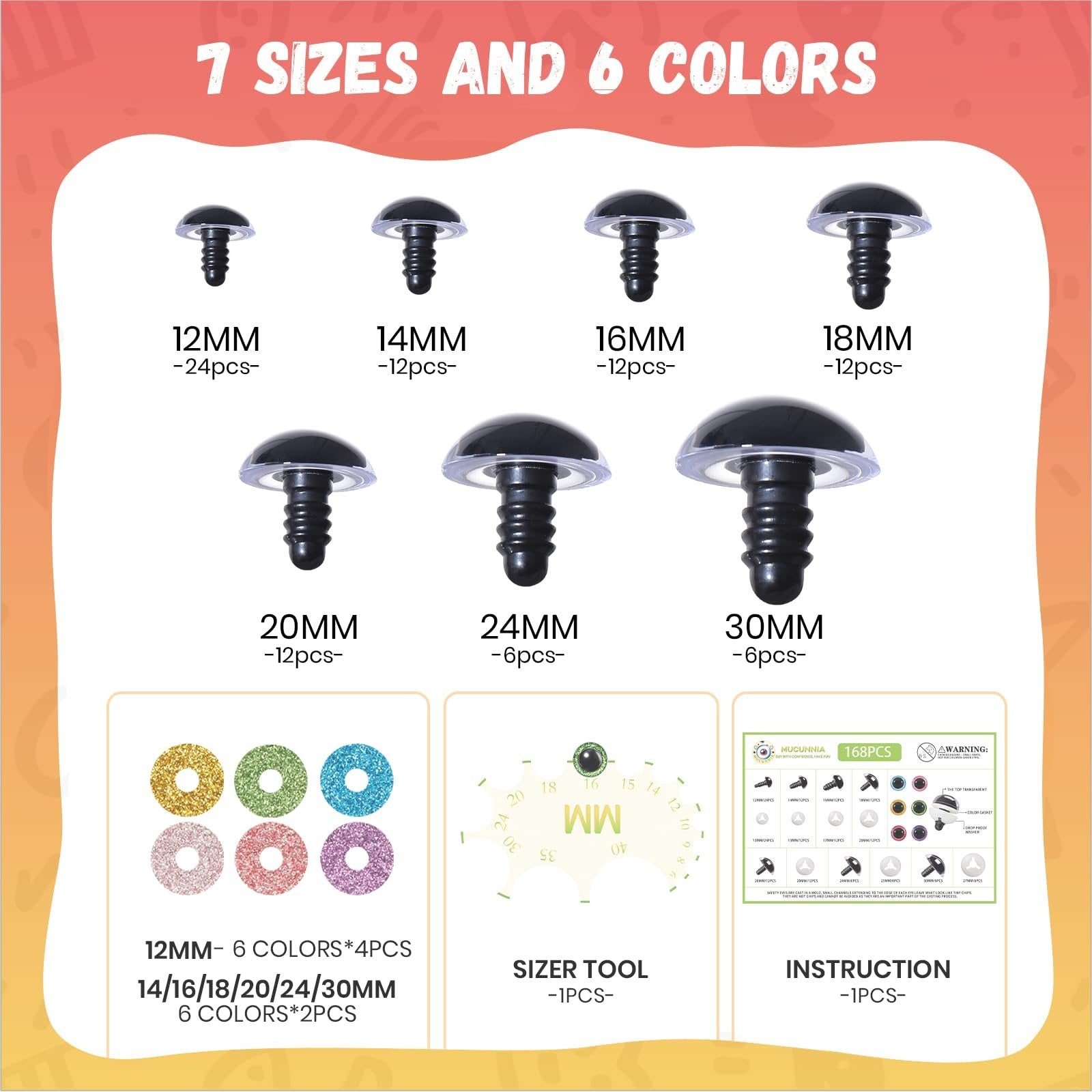 Assortment of plastic safety eyes in various sizes with glitter washers and a sizing tool.