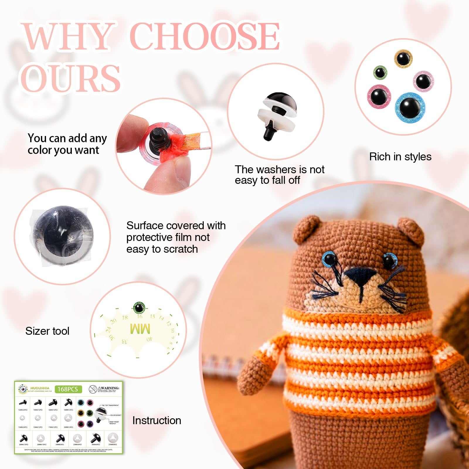Crocheted animal with glitter safety eyes, showing different eye styles and a sizing tool.
