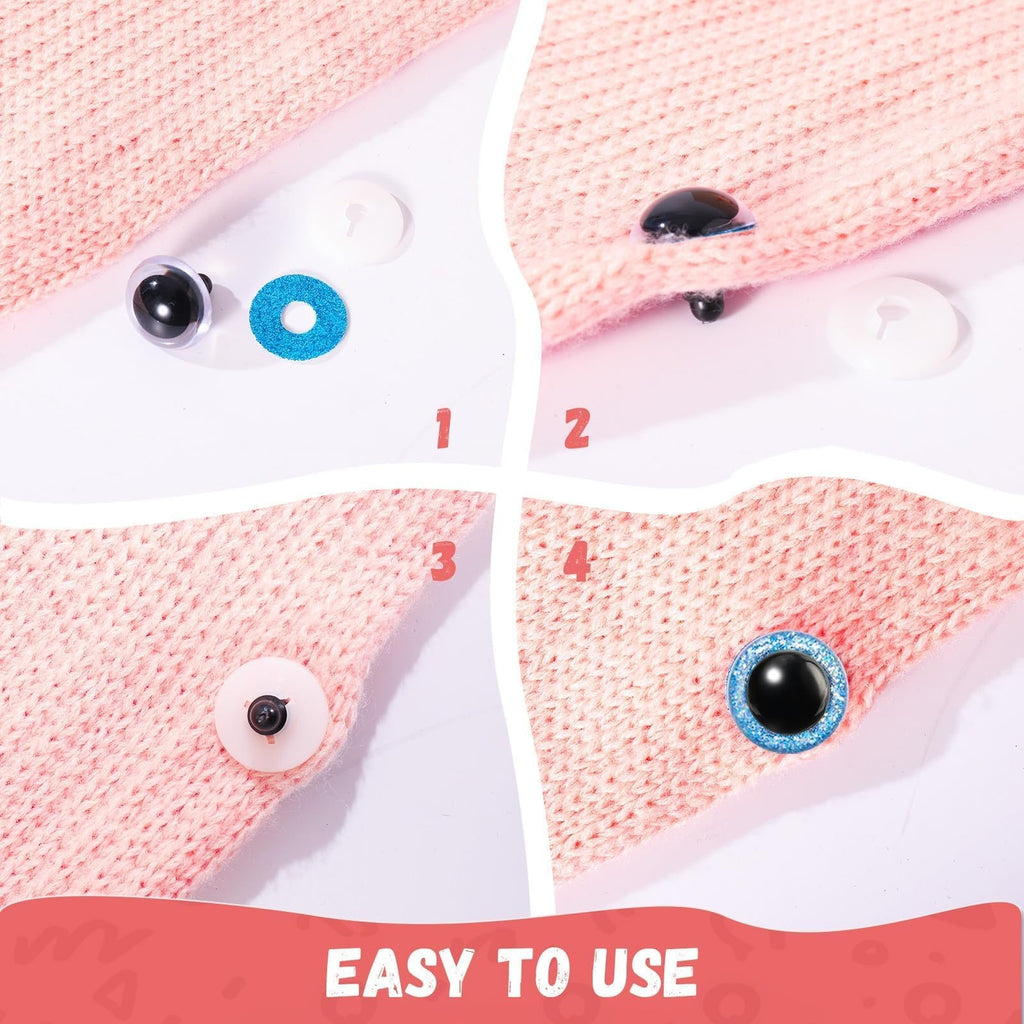 Four-panel image showing how to attach plastic safety eyes to knitted fabric with washers.