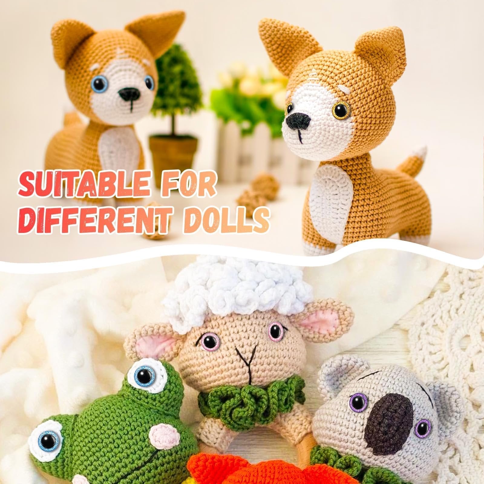Crocheted dog toys and animal toys with glitter eyes, text overlay says suitable for different dolls