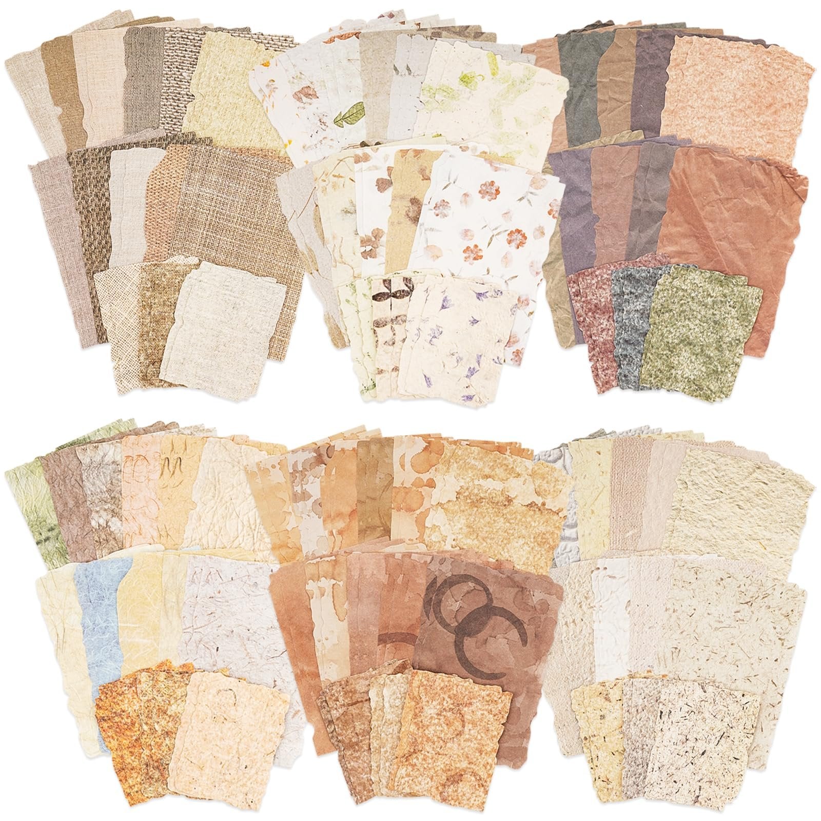 Assorted textured and patterned scrapbook paper sheets fanned out in multiple stacks.