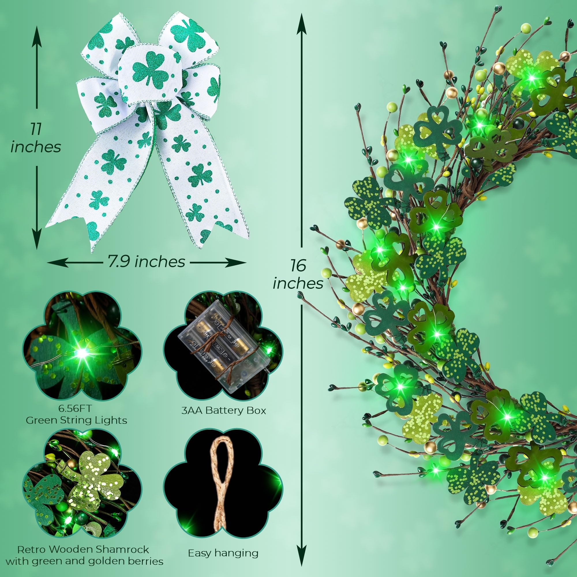 Lighted shamrock wreath with green LED lights and a white bow with shamrock pattern, showing dimensions and components.