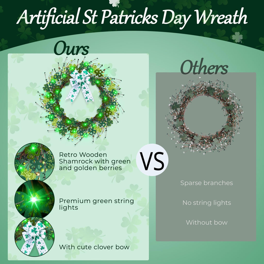 Comparison of two St. Patrick's Day wreaths, one with lights and shamrocks, the other sparse.