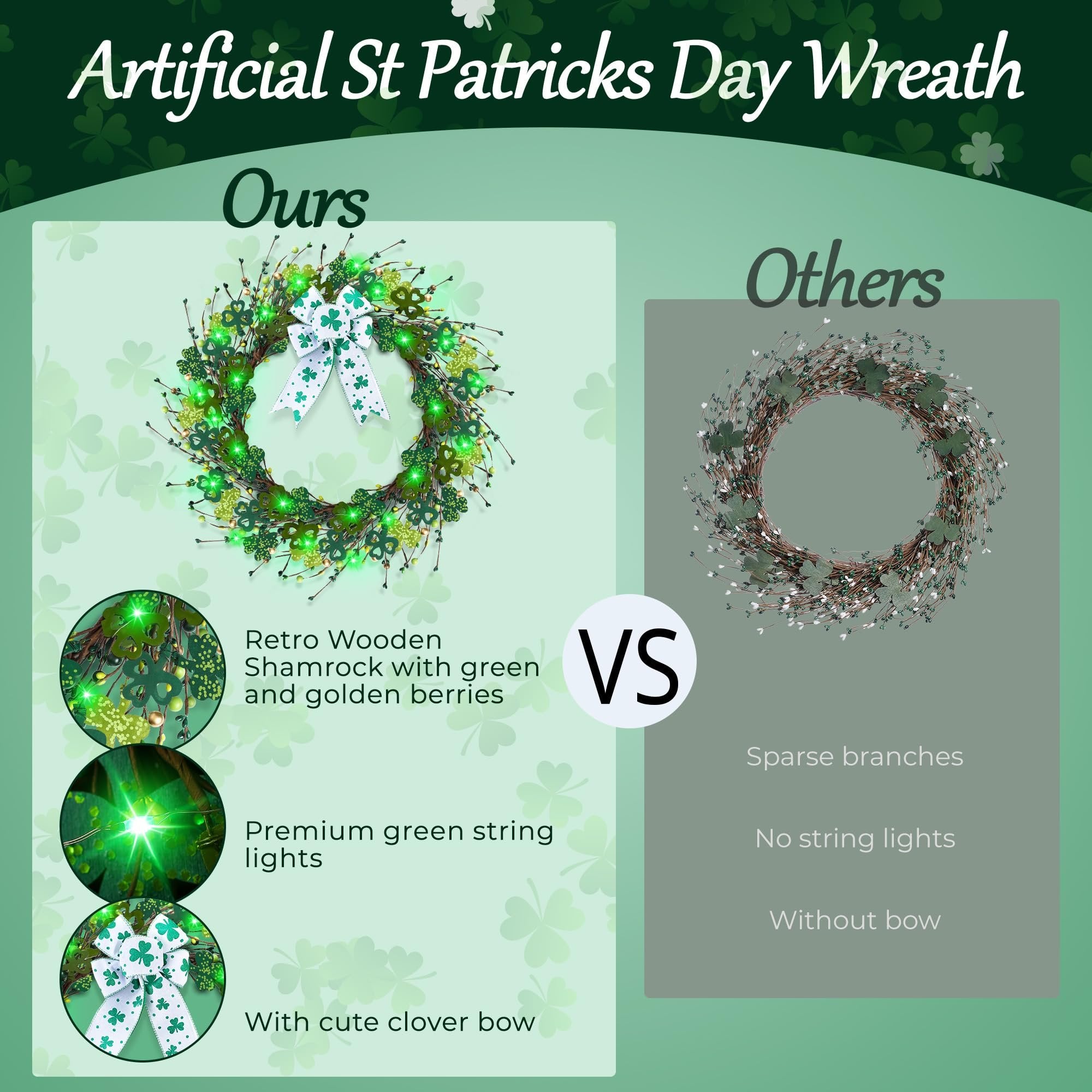 Comparison of two St. Patrick's Day wreaths, one with lights and shamrocks, the other sparse.