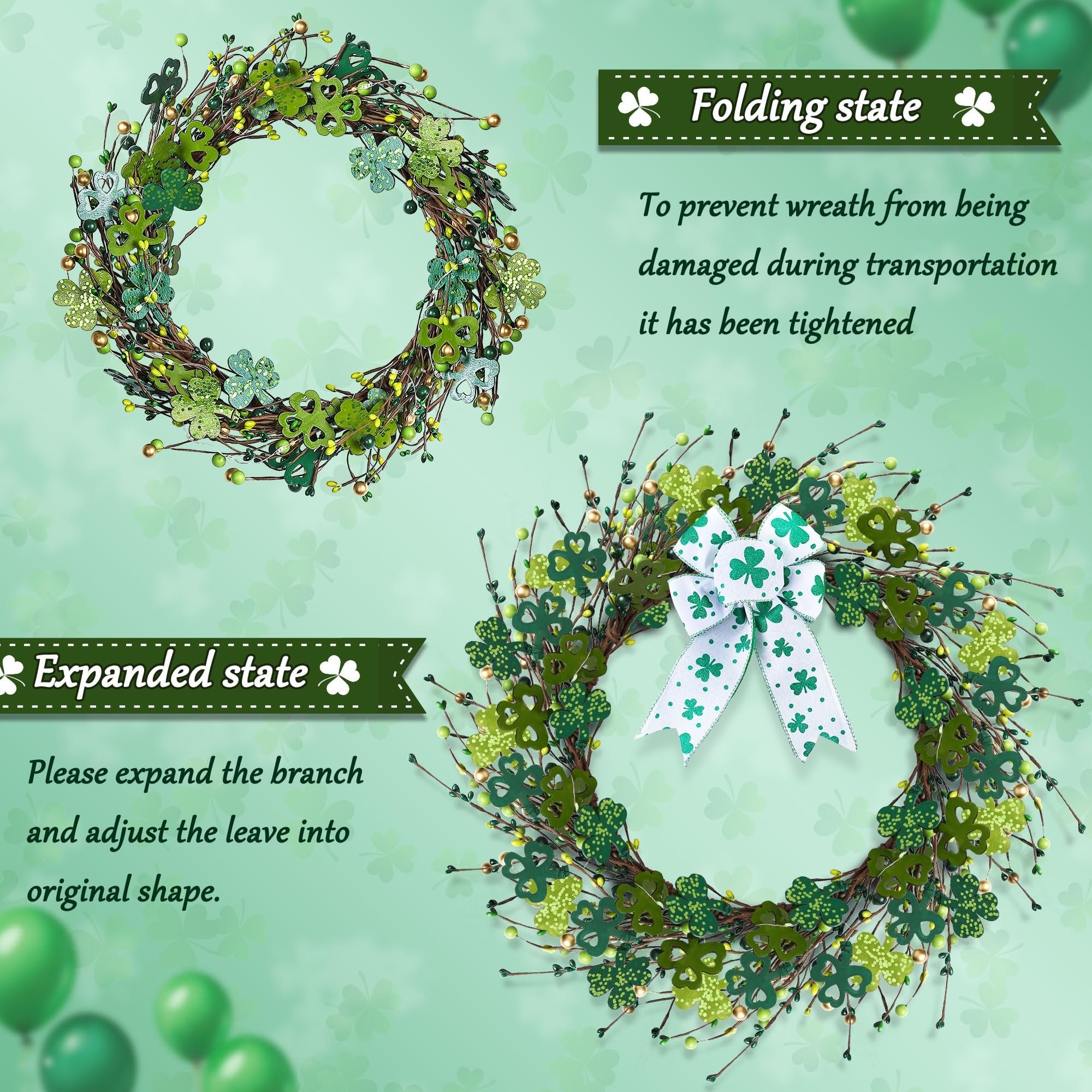 Two shamrock wreaths, one shown in a compressed state and the other expanded with a bow, against a green background with shamrock patterns.