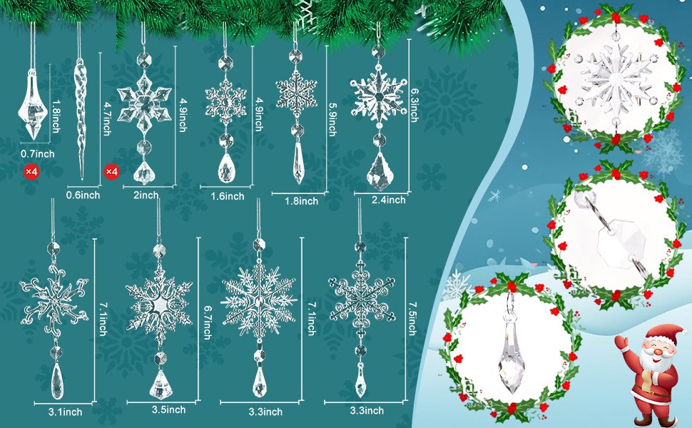 Set of crystal snowflake and icicle ornaments with dimensions and quantities indicated, plus close-ups and Santa graphic.