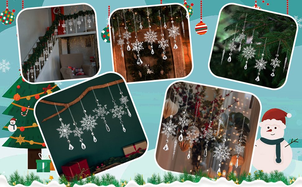 Collage of crystal snowflake and icicle ornaments used for Christmas decoration in various settings