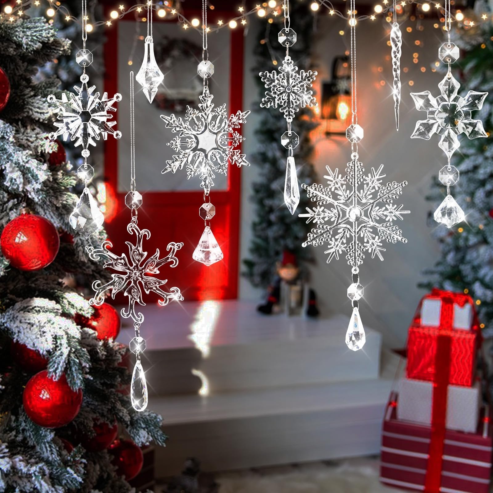 Crystal snowflake and icicle ornaments hanging in front of a decorated Christmas tree and doorway.
