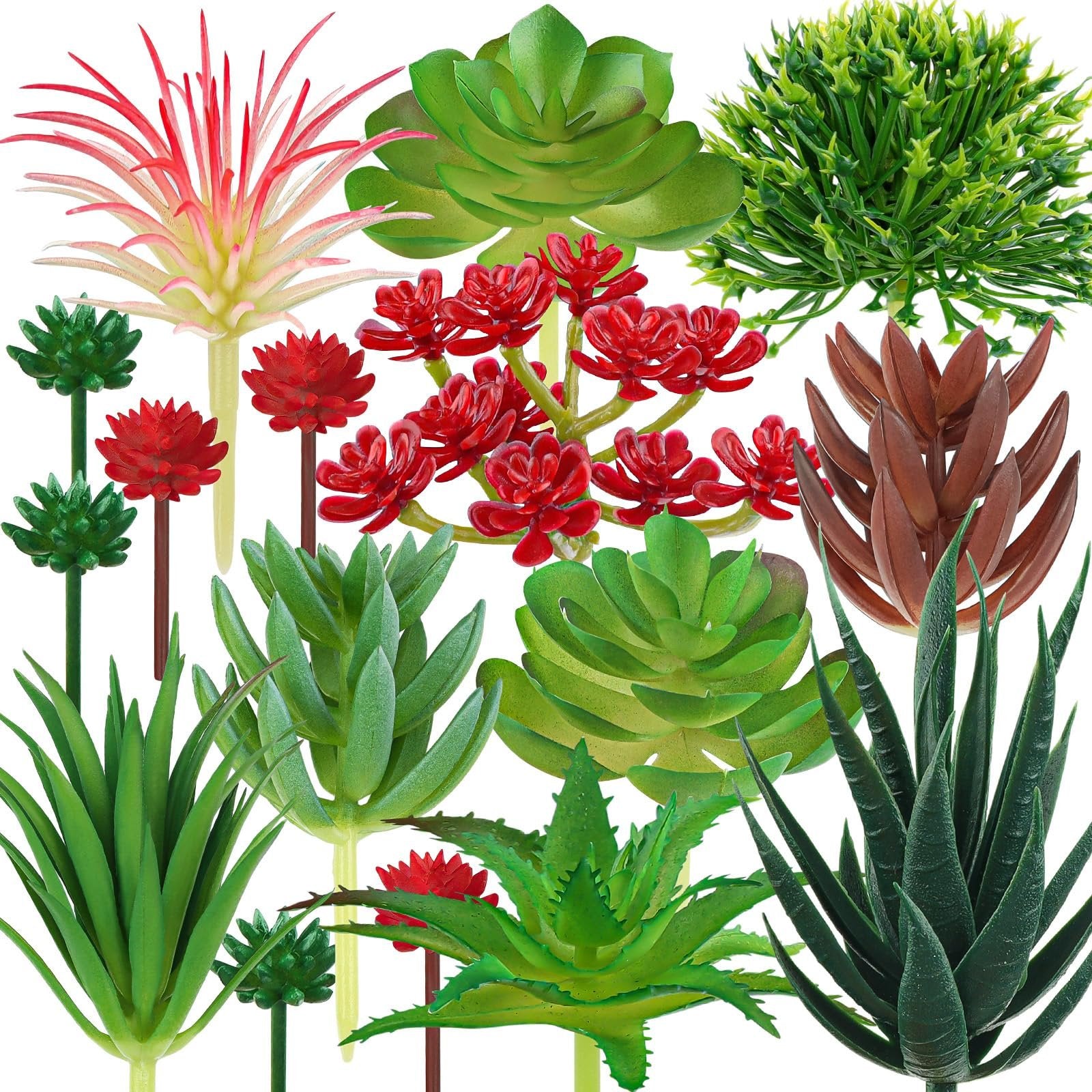 Collection of 16 artificial succulent plants in various colors and shapes on a white background.