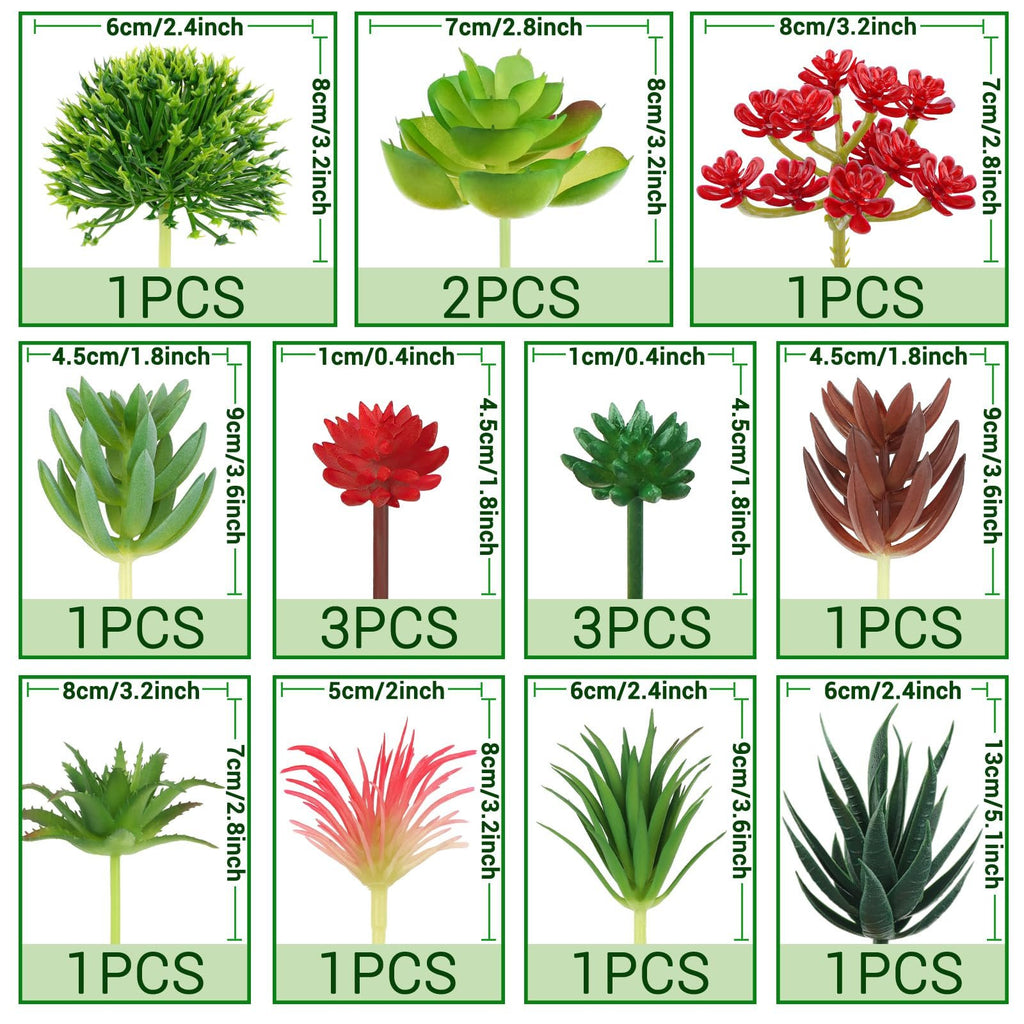 Collage of 16 artificial succulent plants with dimensions and quantity labels for each type.