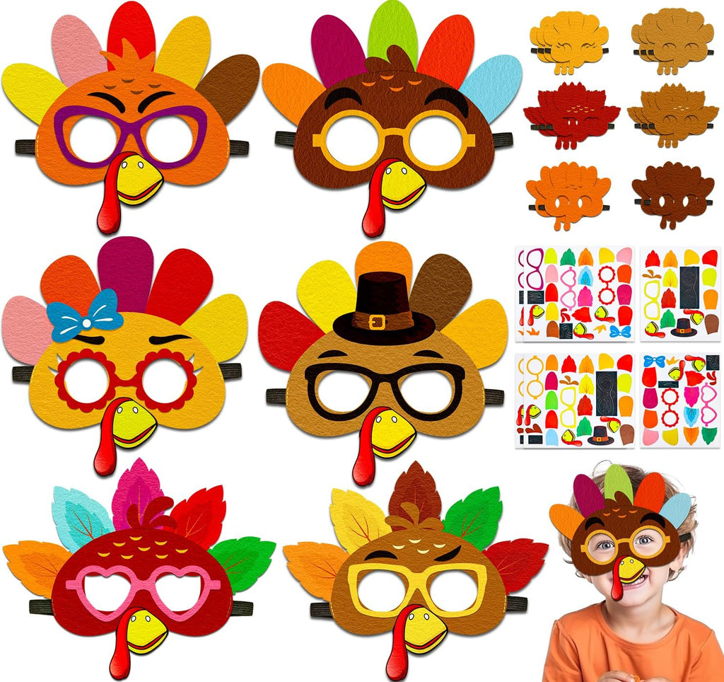 Felt turkey mask DIY craft kit with various designs and accessories, plus a child wearing a completed mask.