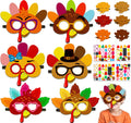 Felt turkey mask DIY craft kit with various designs and accessories, plus a child wearing a completed mask.