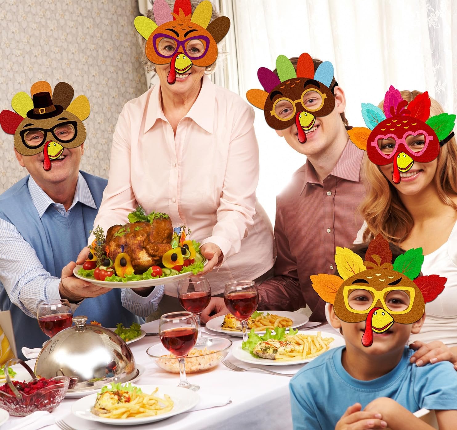 Family wearing felt turkey masks at Thanksgiving dinner table with roasted turkey