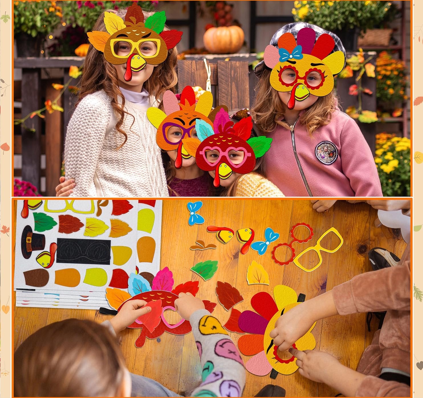 Children wearing and crafting felt turkey masks for Thanksgiving. Top shows kids posing with finished masks, bottom shows hands assembling masks with felt pieces.
