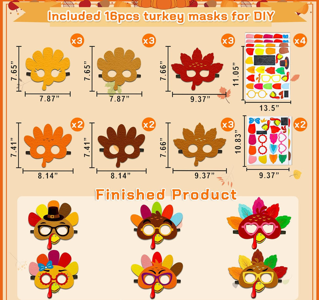 DIY felt turkey mask craft kit with included pieces and finished examples. Includes leaf shapes, eyes, beaks, hats, and bows.