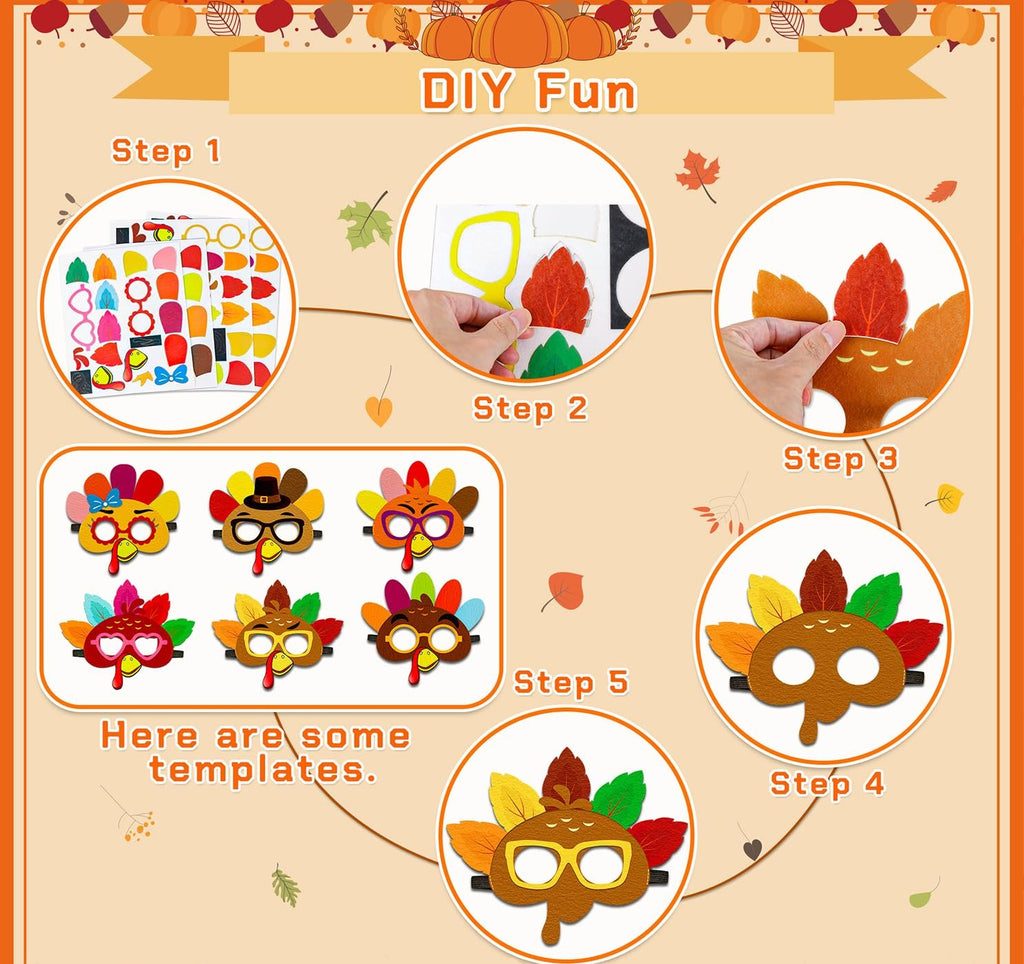 DIY felt turkey mask craft kit instructions showing steps to assemble masks with colorful felt pieces and templates.