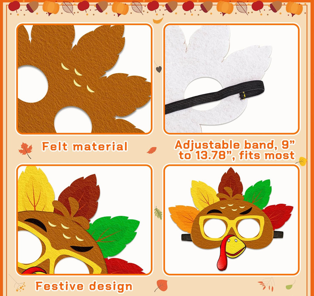 DIY felt turkey mask craft kit components and finished mask, showing felt material and adjustable band.