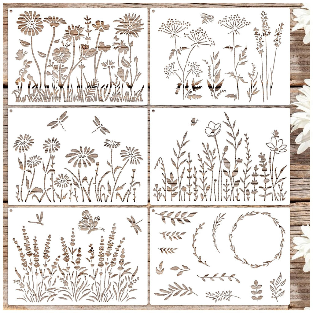 Six reusable stencils with wildflower and botanical designs, including daisies, lavender, dragonflies, and leaves, arranged in a 2x3 grid on a wooden background.