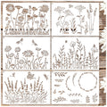 Six reusable stencils with wildflower and botanical designs, including daisies, lavender, dragonflies, and leaves, arranged in a 2x3 grid on a wooden background.