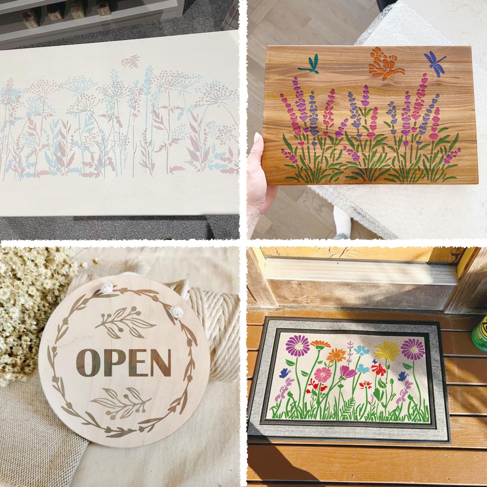 Collage of four images showing stencil designs: wildflowers on a white surface, lavender and dragonflies on wood, an 'OPEN' sign with floral border, and a doormat with colorful flowers.