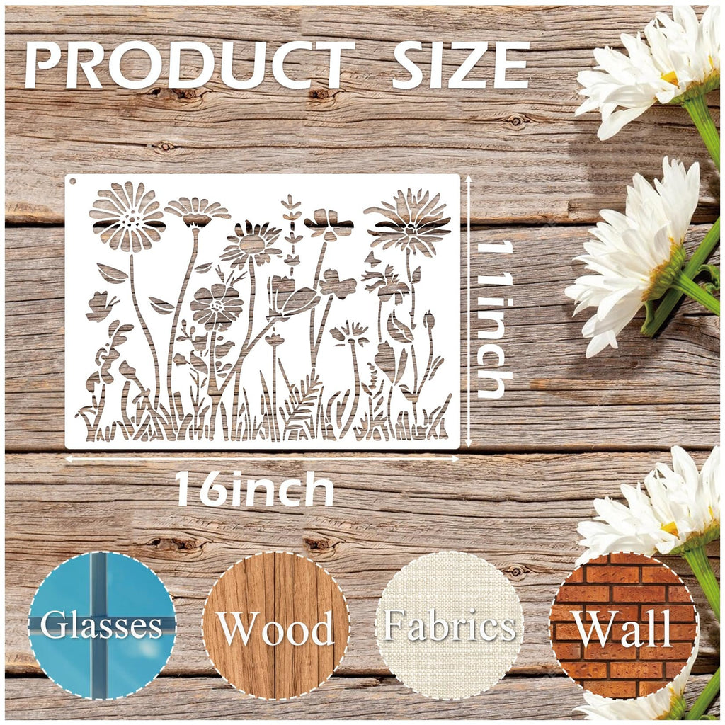 16x11 inch wildflower stencil on wood background with daisies, showing dimensions and application surfaces.