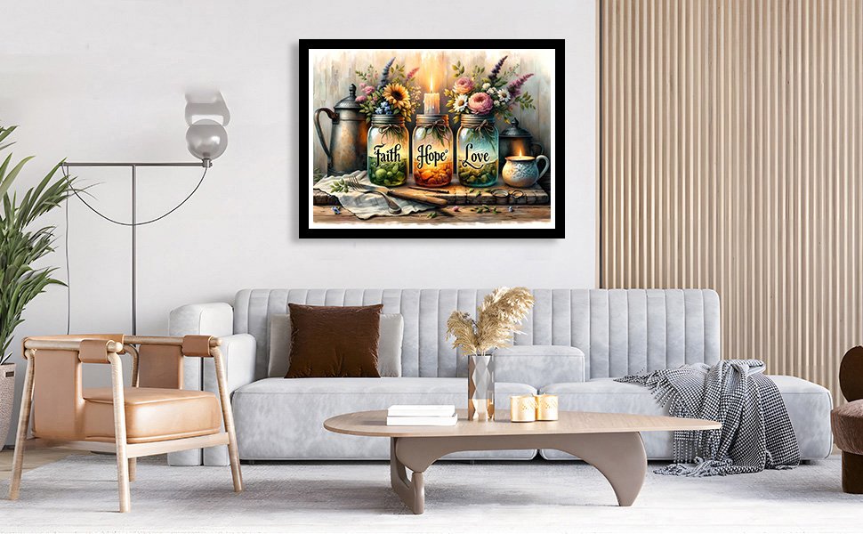 Diamond painting kit artwork of three mason jars with flowers and candles, labeled Faith, Hope, Love.
