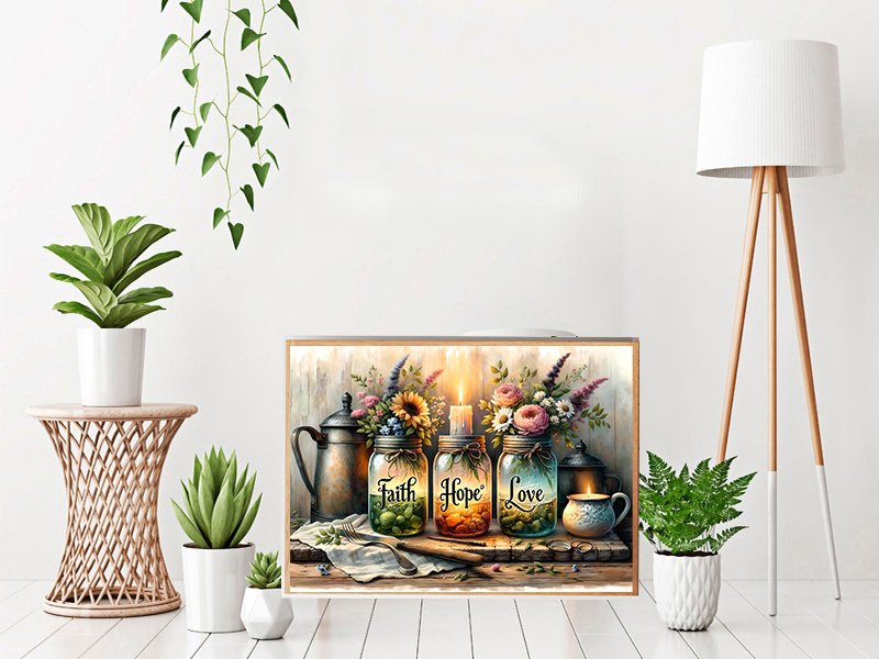Diamond painting kit showing three mason jars with flowers and candles, labeled Faith, Hope, Love, displayed in a room setting.
