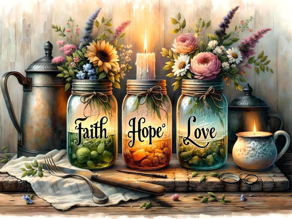 Three mason jars with flowers and candles, featuring the words Faith, Hope, and Love, set on a wooden surface with cutlery.