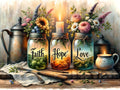 Three mason jars with flowers and candles, featuring the words Faith, Hope, and Love, set on a wooden surface with cutlery.