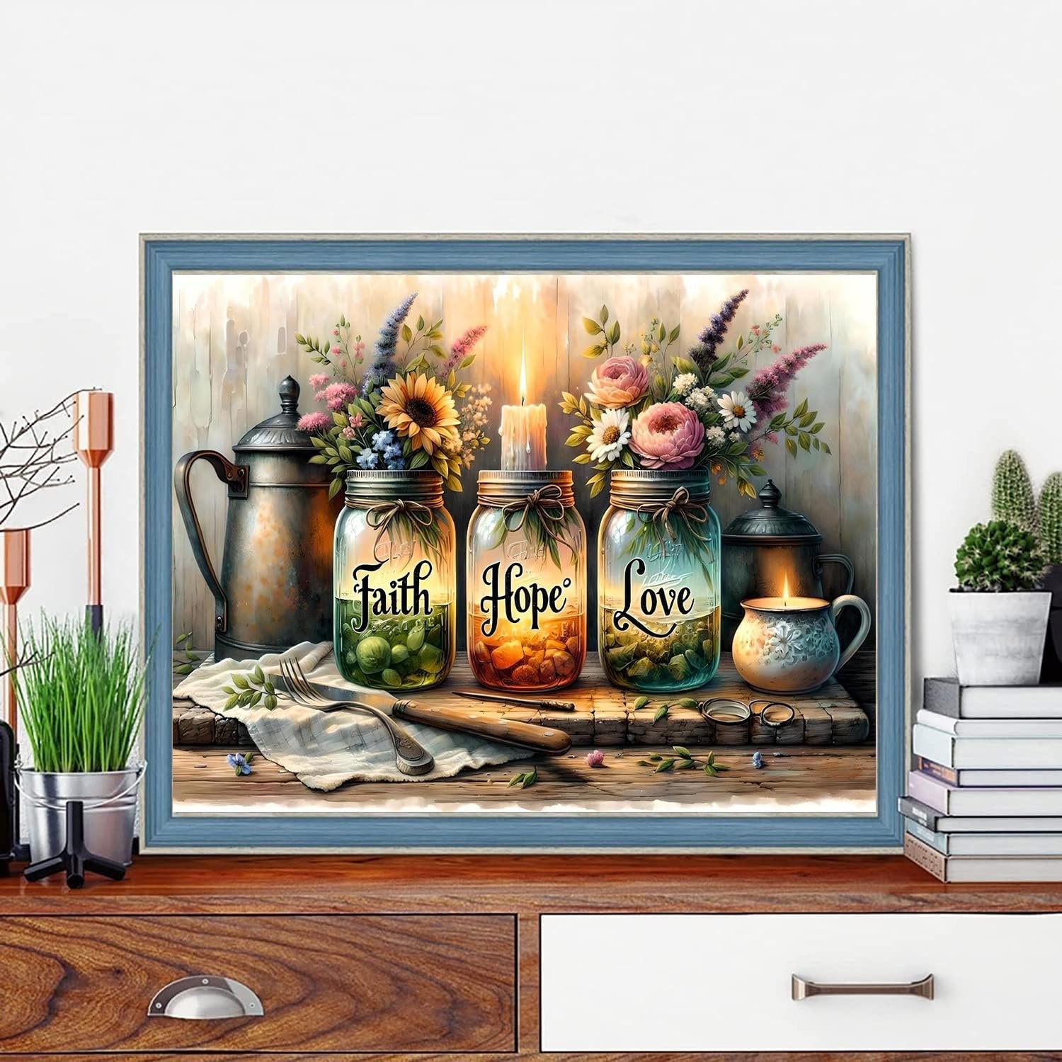 Diamond painting kit showing three mason jars with flowers and candles, labeled Faith, Hope, Love.
