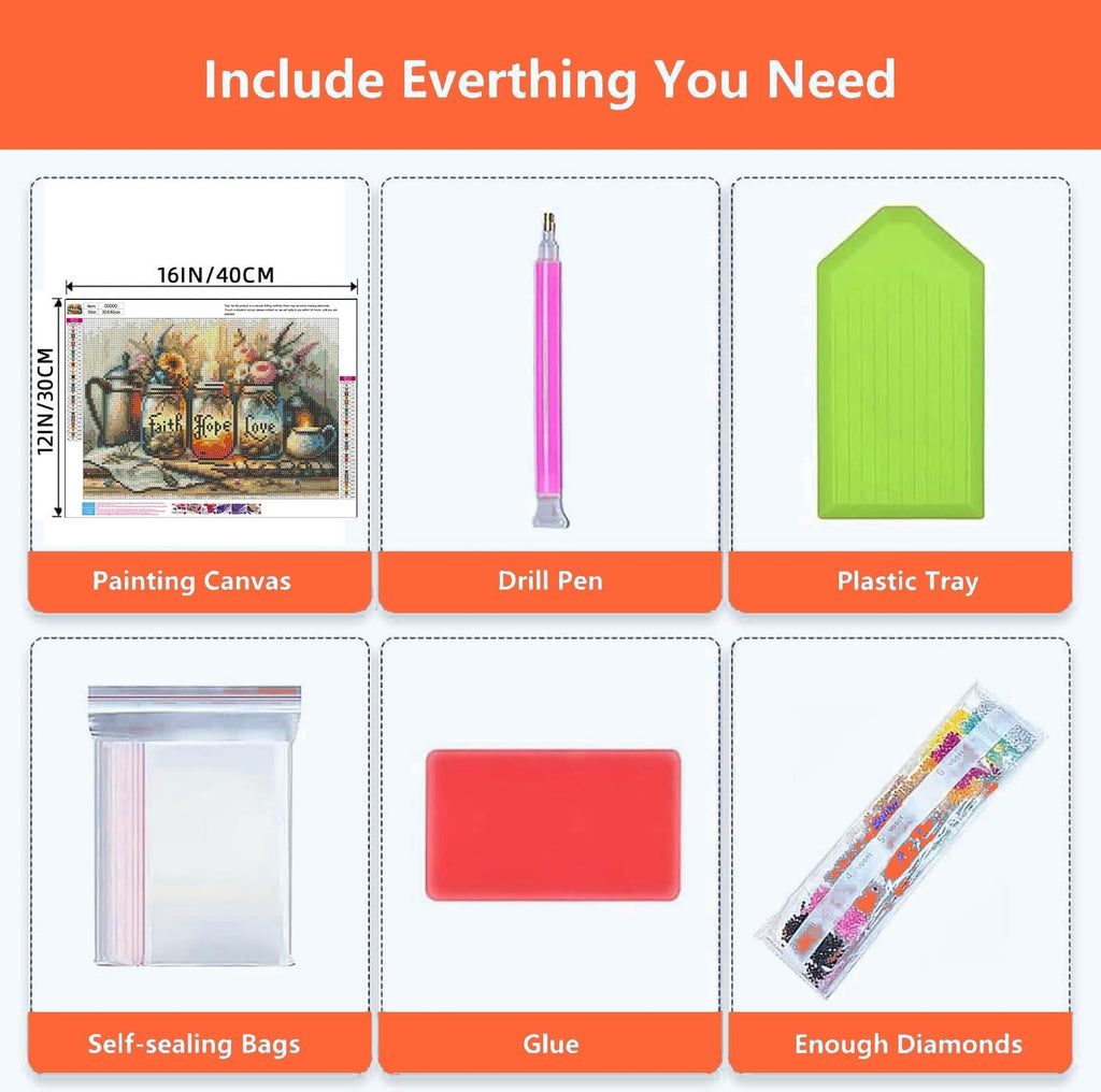 Diamond painting kit contents including canvas, drill pen, plastic tray, self-sealing bags, glue, and diamonds.