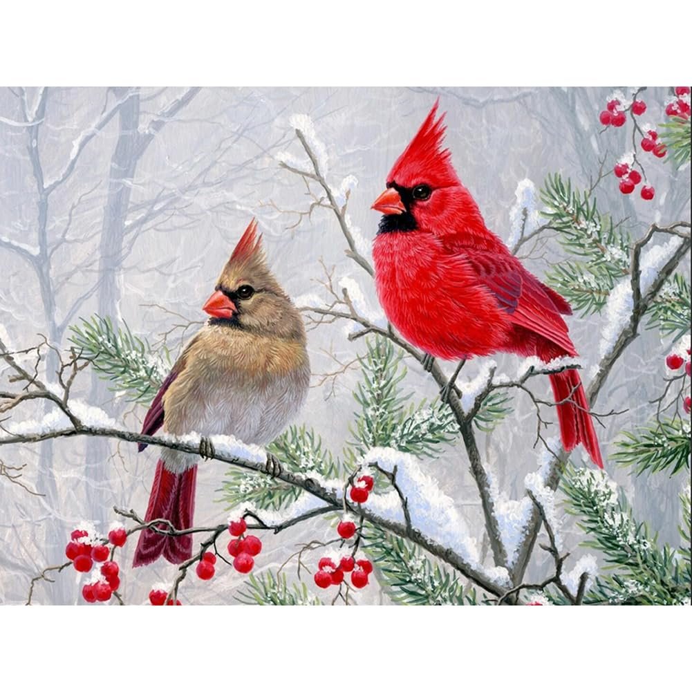 Two cardinals perched on snowy branches with red berries, winter scene diamond art painting.