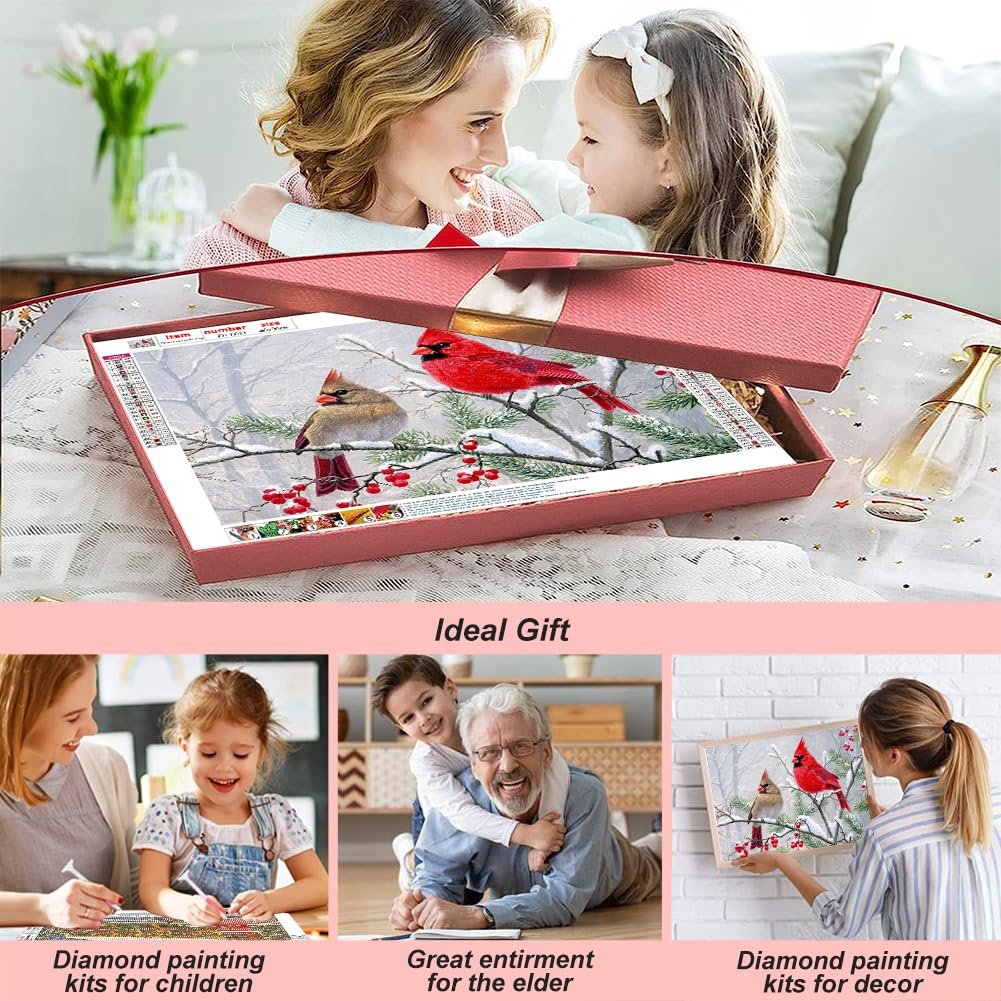 Diamond art painting kit with two cardinals on a branch, presented in a gift box, with lifestyle images below.