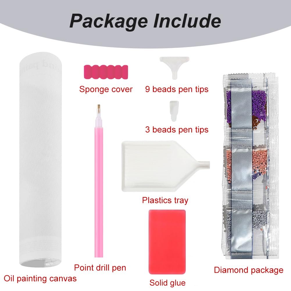 Diamond art painting kit contents laid out, showing canvas, pens, beads, and tools.