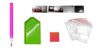 Diamond painting kit tools including a pink drill pen, green tray, red wax square, and several small plastic bags.