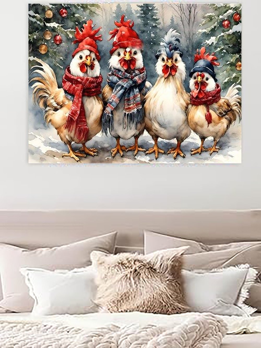Four chickens wearing Christmas hats and scarves stand in a snowy forest setting with decorated trees.