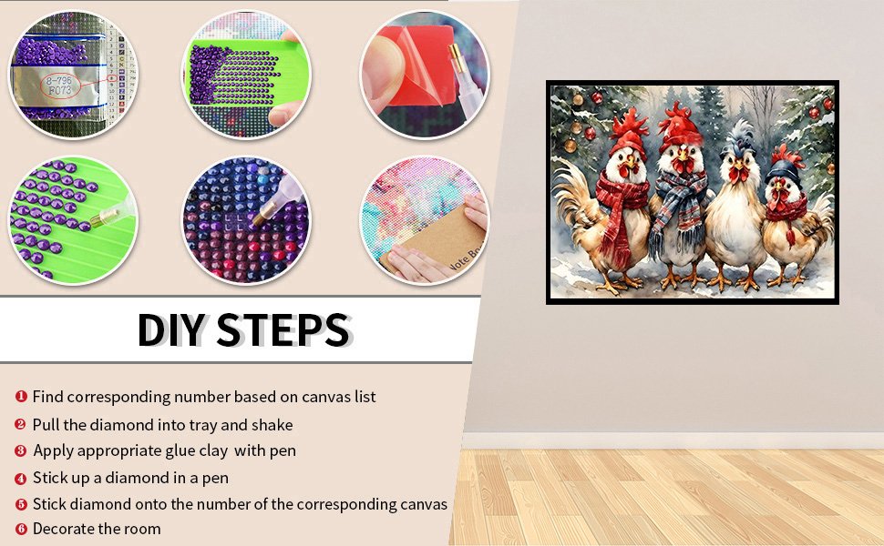 Diamond painting kit showing DIY steps and a finished Christmas chicken artwork.