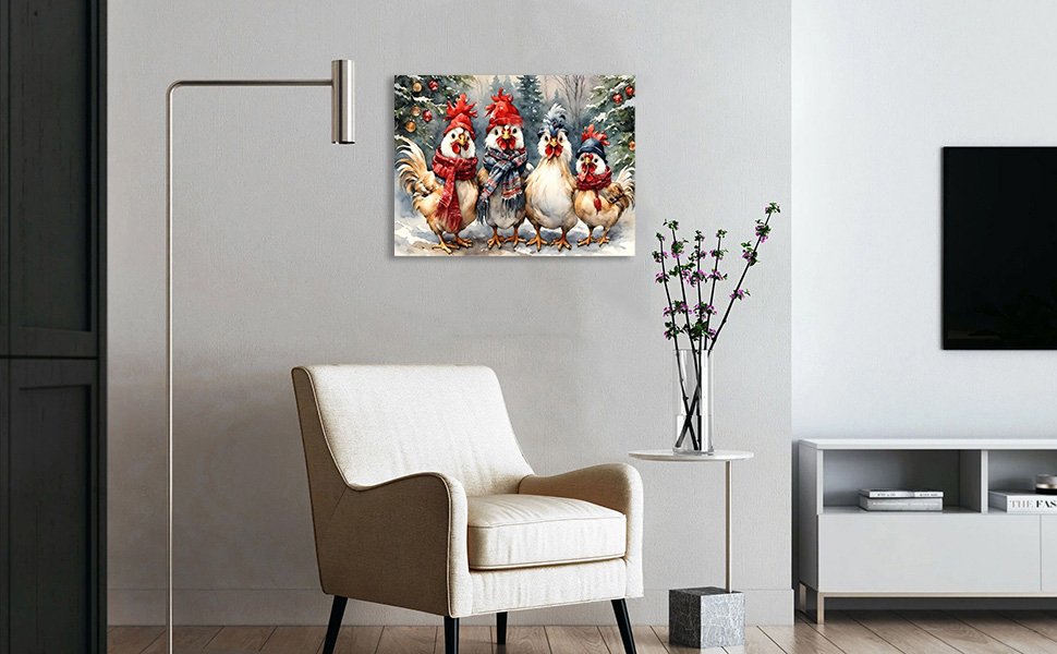 Four chickens wearing Christmas hats and scarves displayed on a wall above a chair.