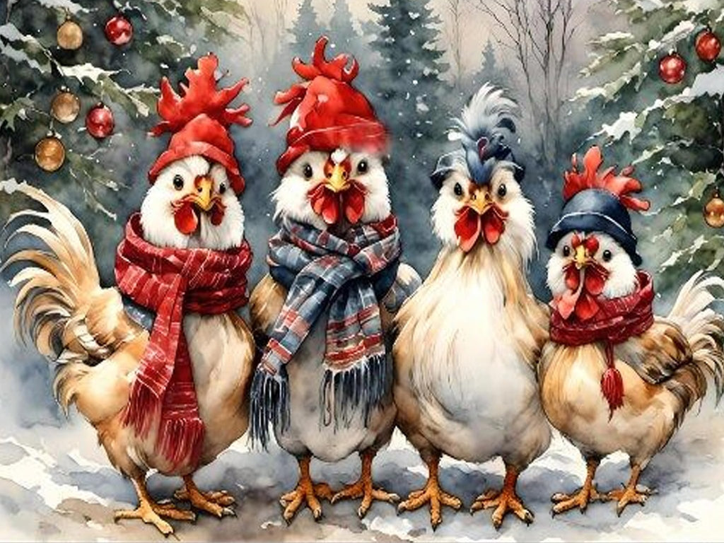 Four chickens wearing winter hats and scarves stand in a snowy forest with Christmas ornaments on a tree.