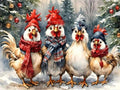 Four chickens wearing winter hats and scarves stand in a snowy forest with Christmas ornaments on a tree.