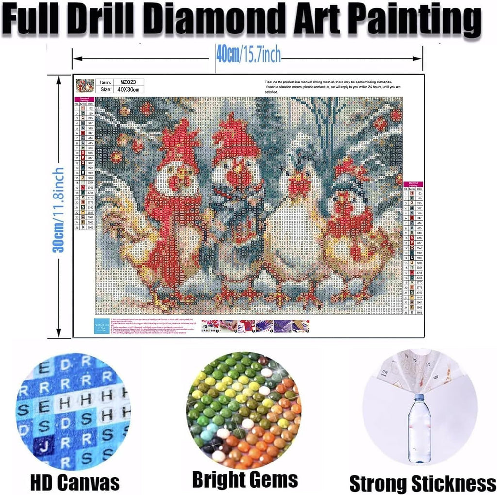Christmas chicken diamond painting kit with full drill gem art canvas and tools, showing dimensions and color chart.