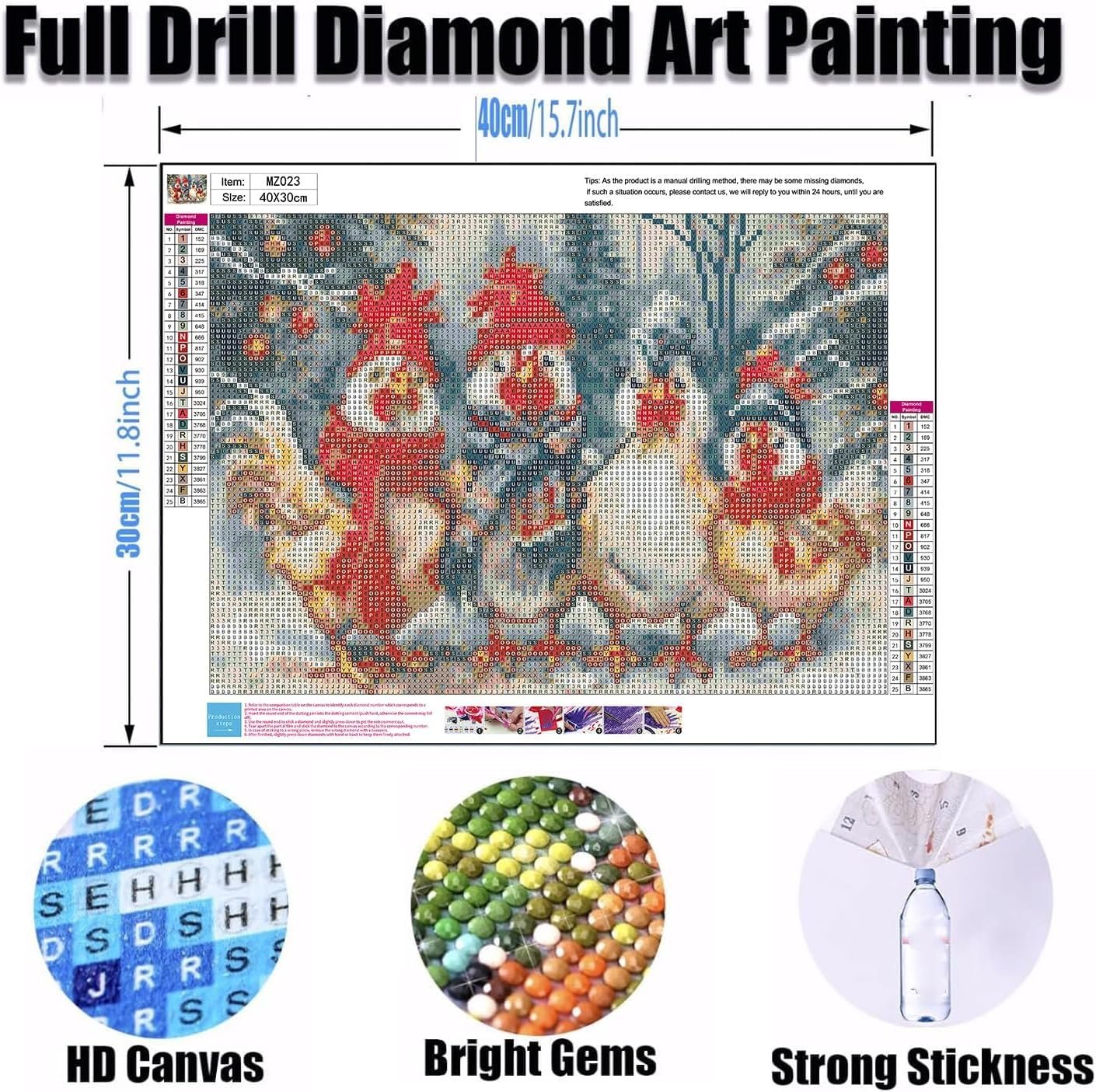 Christmas chicken diamond painting kit with full drill gem art canvas and tools, showing dimensions and color chart.